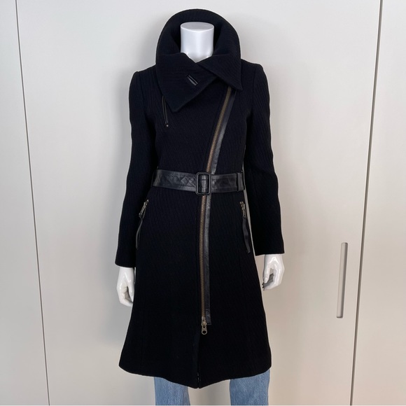 MACKAGE Asymmetrical Zip Belted Wool Coat in Black - Picture 3 of 12